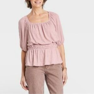 Knox rose Mauve Pink XS Peasant Blouse Shirt Puff Sleeves Elastic Waist cottage